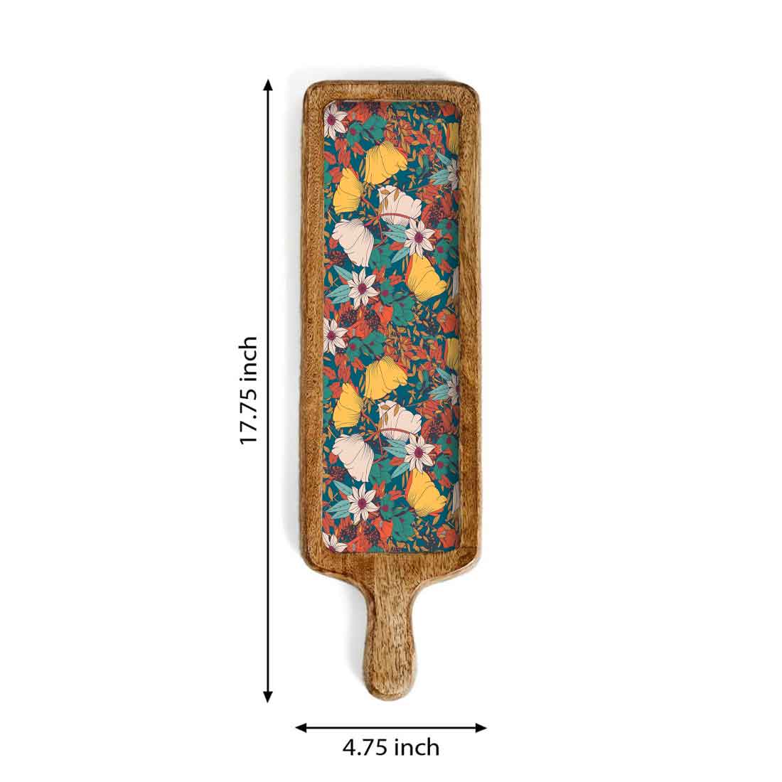 Stylish Serving platters for Snacks | Mango Wooden Bat Platter Rectangular Tray with Handle - Flower Yellow - Image 5
