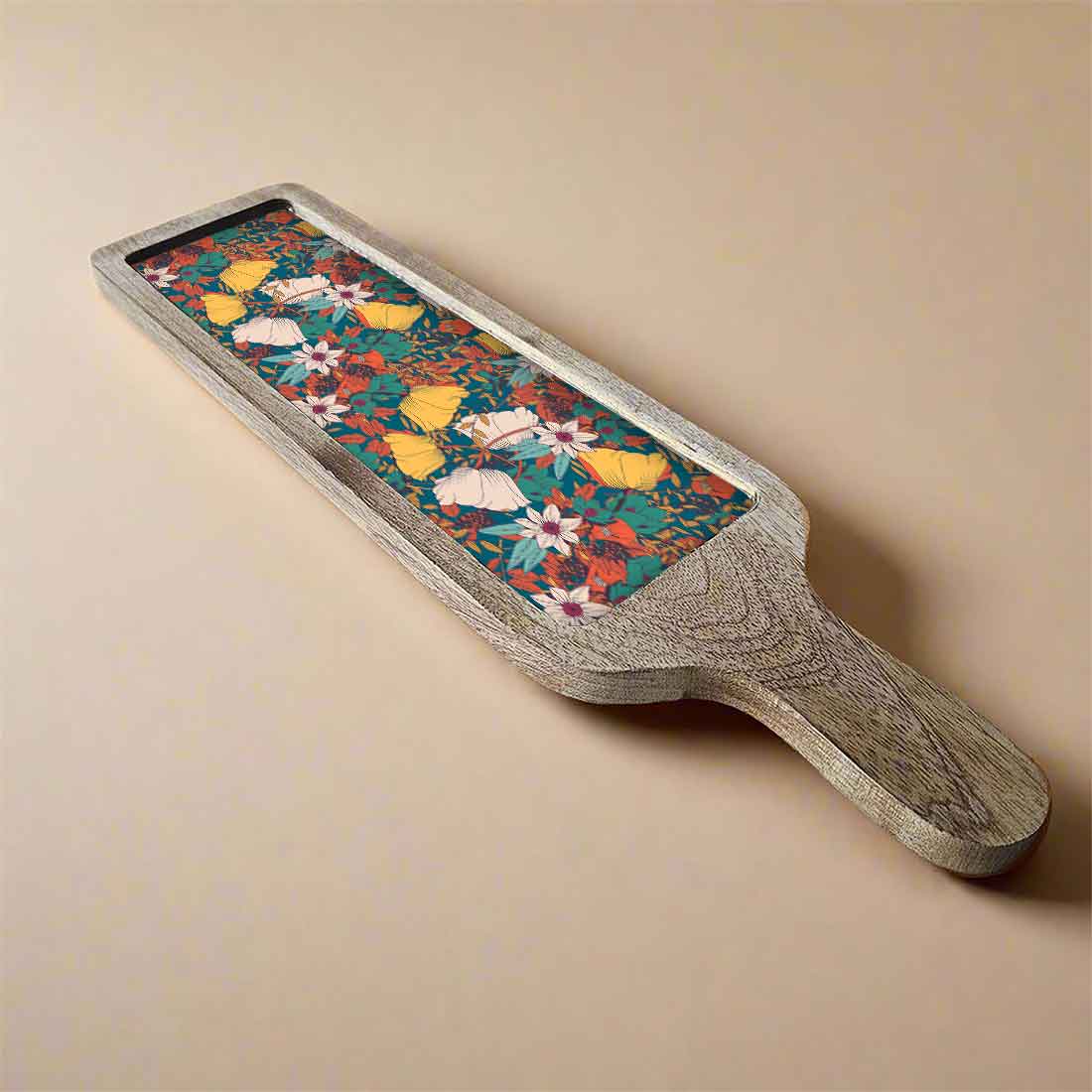 Stylish Serving platters for Snacks | Mango Wooden Bat Platter Rectangular Tray with Handle - Flower Yellow - Image 6