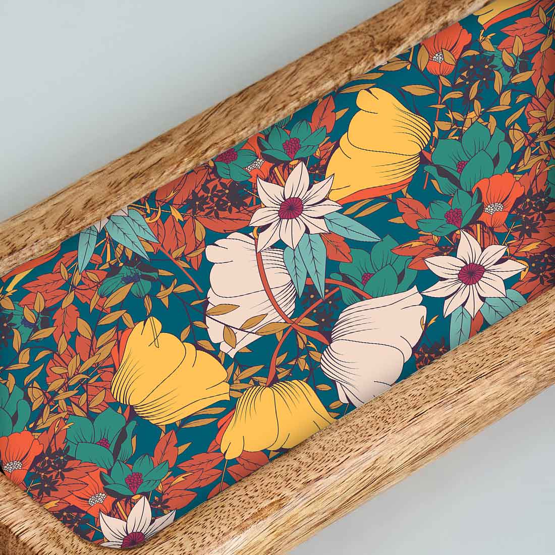 Stylish Serving platters for Snacks | Mango Wooden Bat Platter Rectangular Tray with Handle - Flower Yellow - Image 3