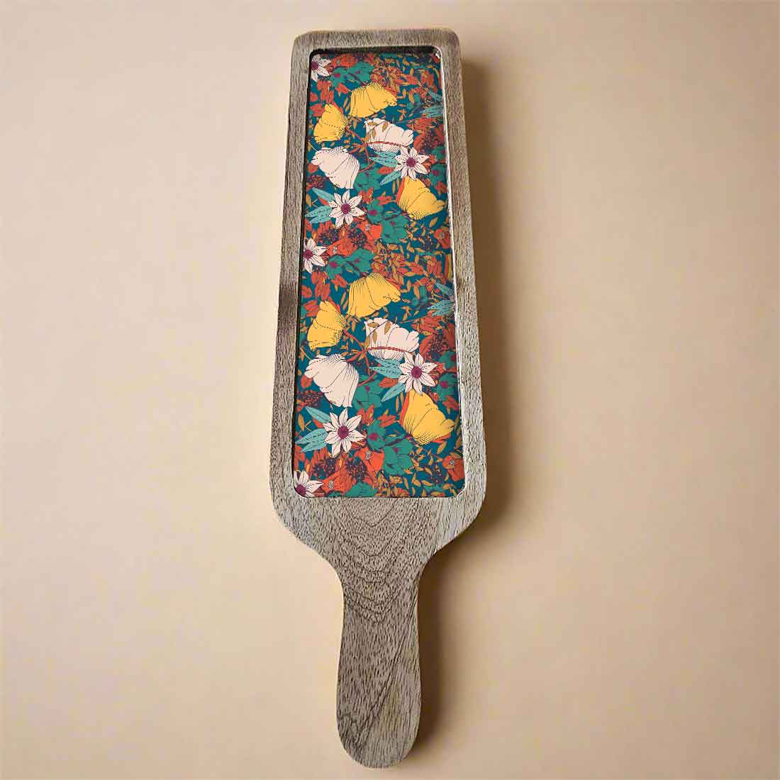 Stylish Serving platters for Snacks | Mango Wooden Bat Platter Rectangular Tray with Handle - Flower Yellow - Image 4