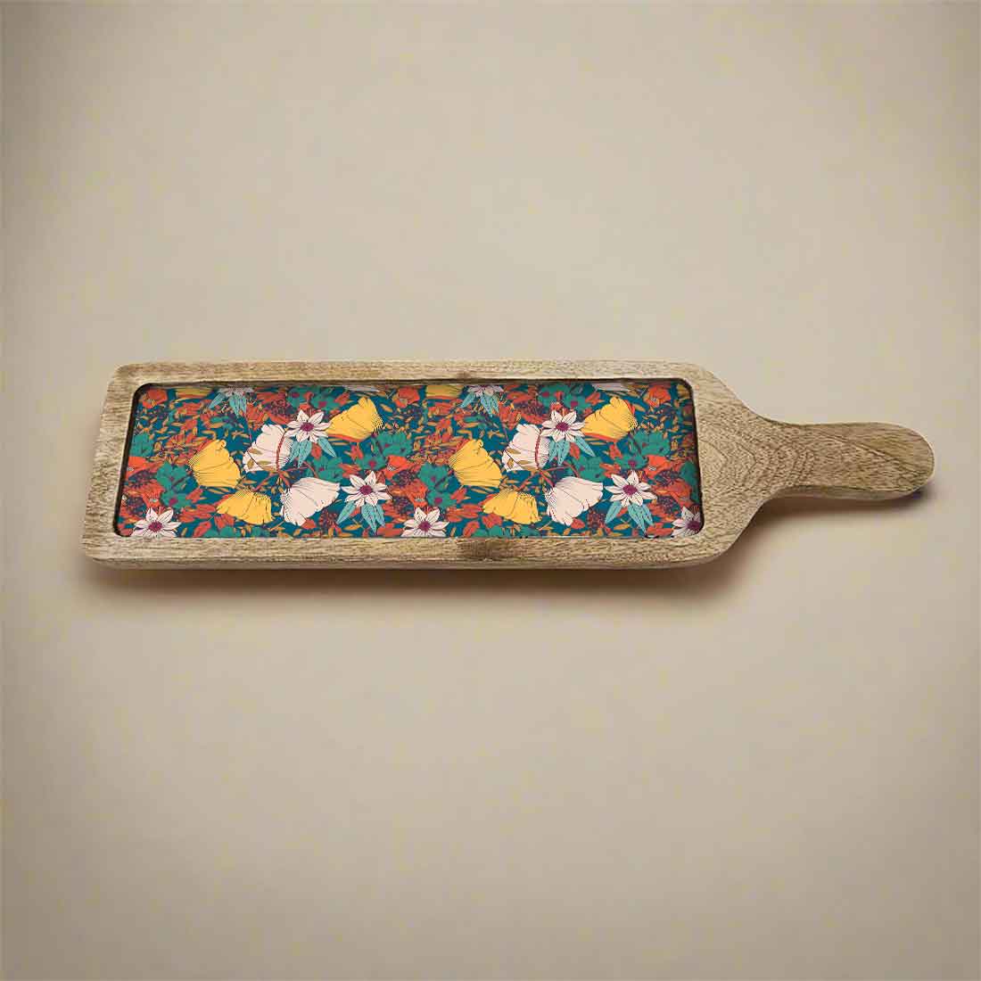Stylish Serving platters for Snacks | Mango Wooden Bat Platter Rectangular Tray with Handle - Flower Yellow - Image 7